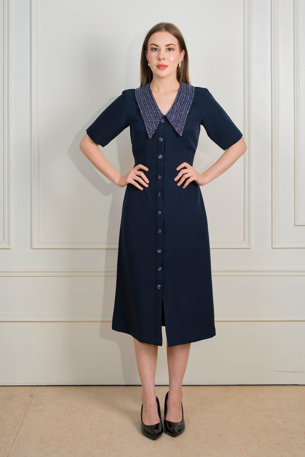 Madeleine Navy Embellished Collar Dress