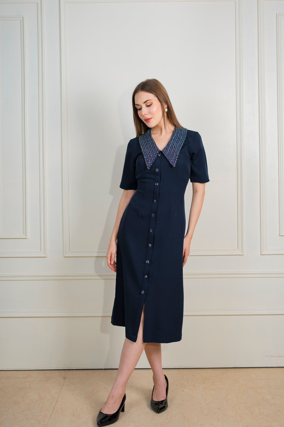 Madeleine Navy Embellished Collar Dress